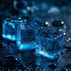 Obraz premium Close up of Three Blue Ice Cubes on Dark Wet Surface