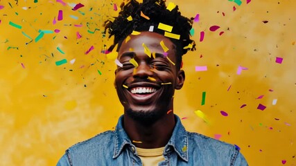 Joyous celebration with confetti and laughter on vivid yellow background