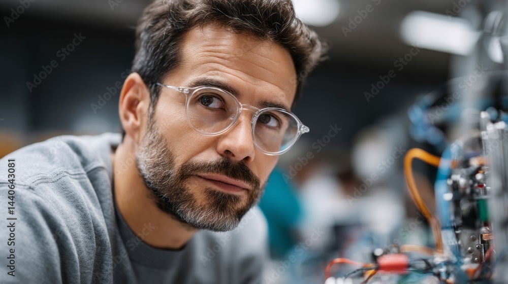 Aufkleber engaged in technical work, the hispanic engineer examines mechanical parts with precision. his glass