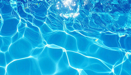 Blue swimming pool water surface with soft rippling waves and sunlit reflections, summer vibe.