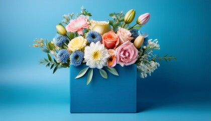 bouquet of flowers in a blue box on a blue background
