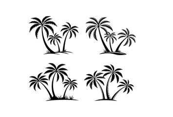 Collection of four black silhouette palm tree clusters on small land areas design