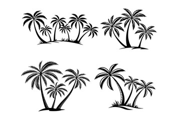 Silhouette illustration of four groups of palm trees on small land areas