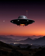 Futuristic UFO Flying Over Mountain Landscape at Twilight with Scenic Sunset and Stars