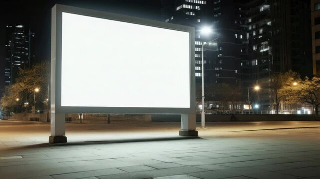 Large citylight banner on the street of a night city. White glowing screen with blank space for product placement or advertising text.