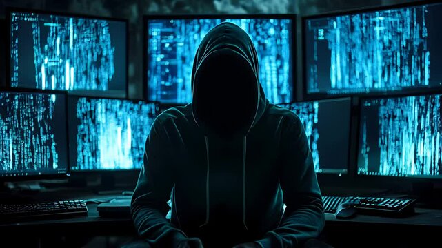 Hooded hacker launching cyberattack, breaking into server
