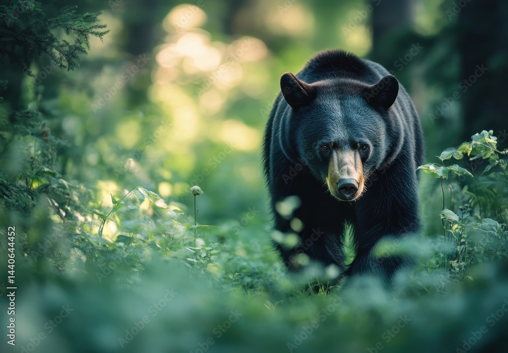 Poster black bear walking through a lush green forest with soft sunlight cascading through trees creating a