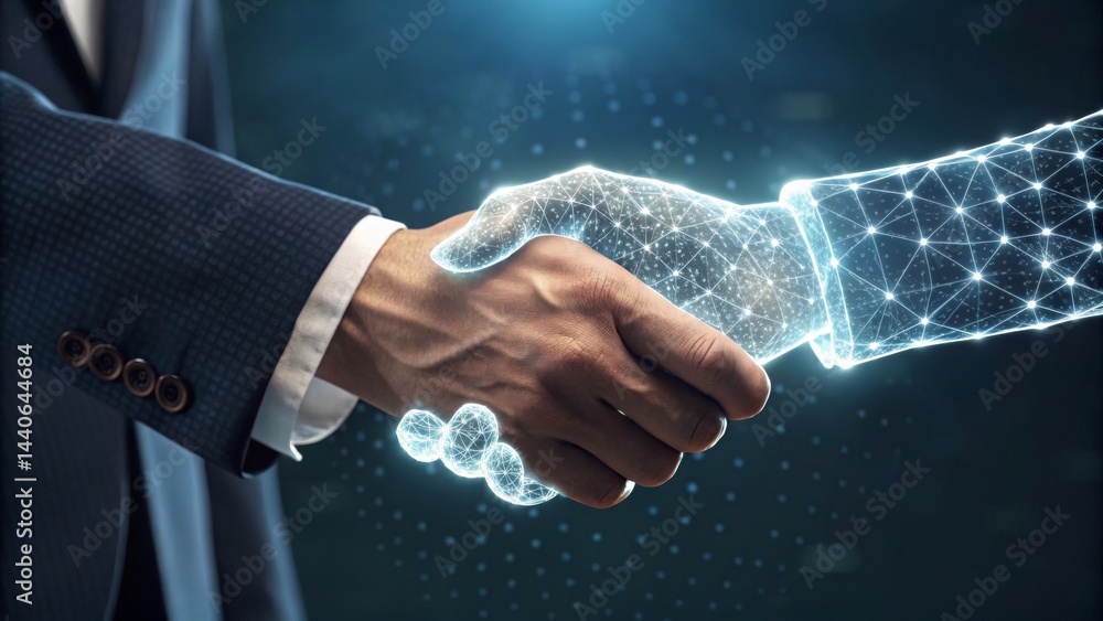 Poster businessman shaking hands with a leader in a network of connected lines symbolizing collaboration an