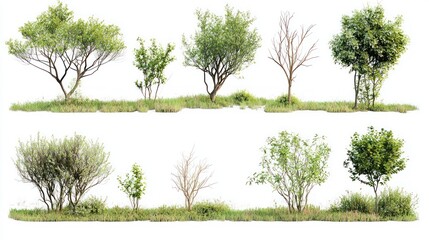 Set of meadow-style park landscapes with wild bushes and sparse trees on white background.
