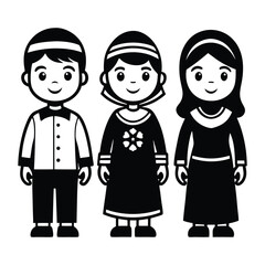 Muslim Boy and Girl Cartoon Silhouette in Traditional Clothing vector illustration on white background
