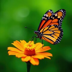 Fototapeta premium Monarch butterfly feeding on flower; green backdrop provides ample copy space , environment, butterfly photography