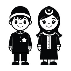 Muslim Boy and Girl Cartoon Silhouette in Traditional Clothing vector illustration on white background