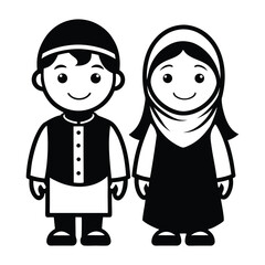 Muslim Boy and Girl Cartoon Silhouette in Traditional Clothing vector illustration on white background