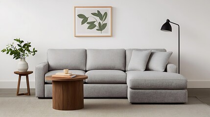 Modern Living Room Interior with Gray Sofa, Wooden Tables, Greenery Artwork, and Minimalist Floor Lamp.