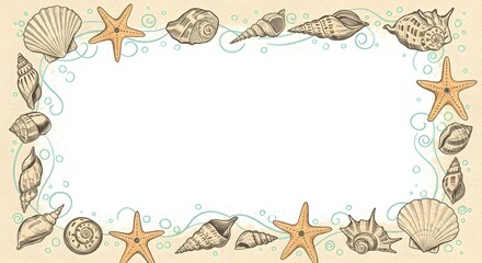 Seashells and starfish border. Perfect for summer designs, beach themes, or ocean-inspired projects.  A blank space is in the center for your text.