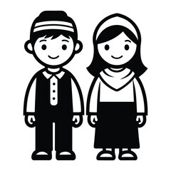 Muslim Boy and Girl Cartoon Silhouette in Traditional Clothing vector illustration on white background