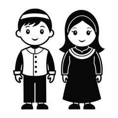 Muslim Boy and Girl Cartoon Silhouette in Traditional Clothing vector illustration on white background