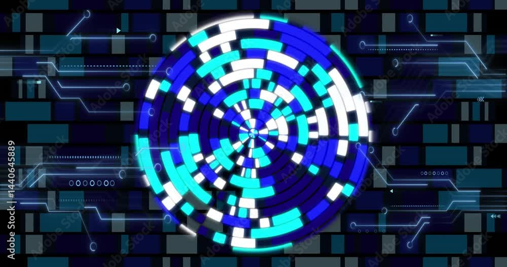 Poster concentric circular graphic being rendered in virtual digital interface, with glowing circuit lines
