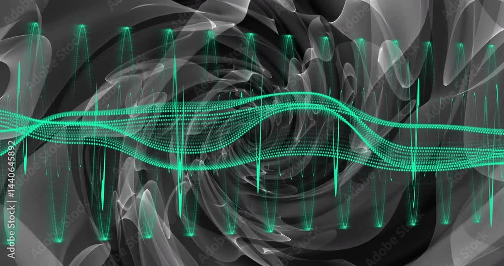 Poster glowing green waveform pulsing in animated illustration, featuring dotted and solid line layers
