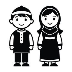Muslim Boy and Girl Cartoon Silhouette in Traditional Clothing vector illustration on white background