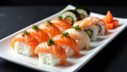 A white plate topped with sushi on top of a black table.