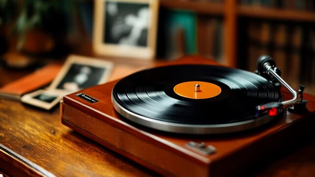Vintage Record Player on Wooden Table Evokes Nostalgia with Vinyl Music