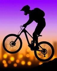 Fototapeta premium Silhouette of Mountain Biker in Action Against Colorful Sunset Background