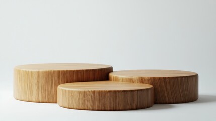 Set of minimalist wood-textured podiums in irregular shapes on white background