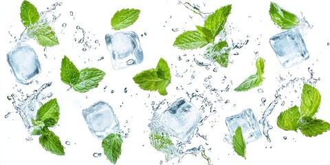 Set of mint leaves with ice cubes in small splashes of water on white background.