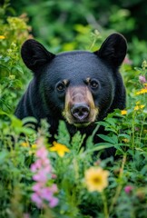 Naklejka premium Close-Up of a Black Bear Surrounded by Colorful Wildflowers in a Lush Natural Habitat Capturing the Beauty of Wildlife in Vibrant Scenery