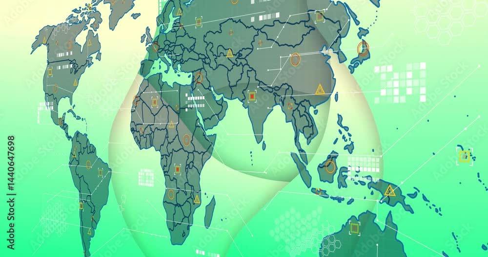 Poster global data streaming on flat design world map, showing color circles triangles squares hex grids