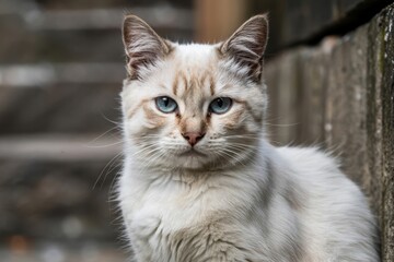 Close Up Of A Fluffy White Cat With Striking Blue Eyes Against A Wooden Background