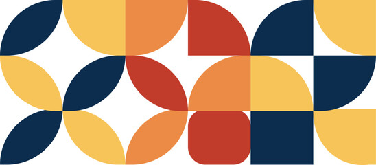 Geometric pattern, retro design, vibrant colors, orange yellow purple, quarter circles, abstract composition, vintage style, symmetrical layout, mid-century 