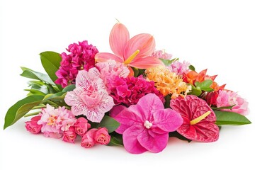 Fototapeta premium A vibrant arrangement of assorted pink and purple flowers including lilies, orchids, and roses, set against a clean white background, perfect for floral design inspiration or decoration