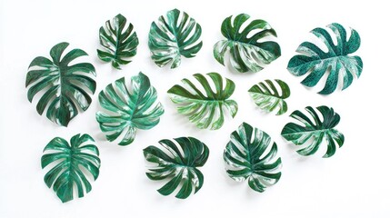 Fototapeta premium Set of monstera leaves with varying green hues on white background