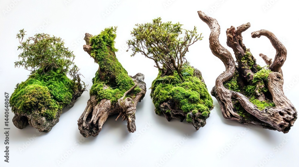 Poster set of moss-covered tree roots and twisted branches on white surface.