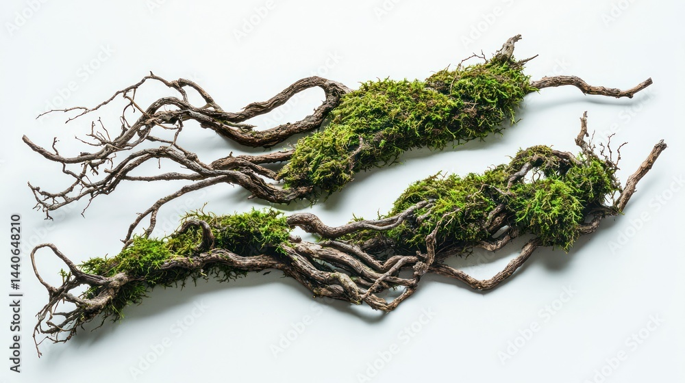 Poster set of moss-covered tree roots and twisted branches on white surface.