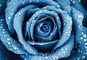 Close-up of Blue Rose Petals with Water Droplets Reflecting Light, Nature Beauty, Freshness, and Vibrant Colors Captured in Studio Lighting