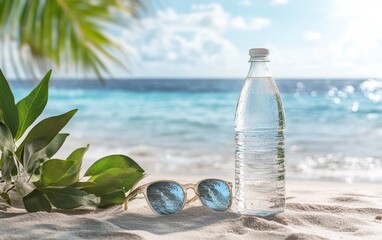 Refreshing Water Bottle on Beach with Sunglasses and Palm Leaves