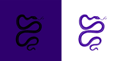 Obraz premium Venomous Snake on purple background. Halloween witchcraft and sorcery things magician and voodoo hand drawn engraved 