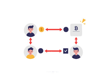 Two people exchange Bitcoin via a smart contract. A clear, modern illustration depicts a secure digital transaction. Ideal for fintech and blockchain concepts.