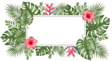 Watercolor tropical leaves and flowers frame a blank space, perfect for your text or design. Lush greens and vibrant pinks create a summery vibe.