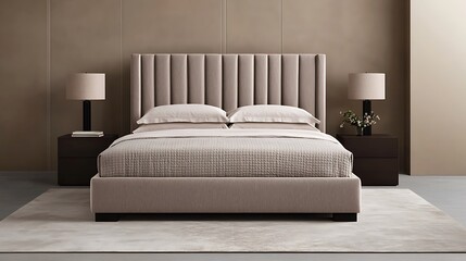 Modern bedroom design featuring a comfortable bed with neutral tones and stylish bedside tables and lamps.