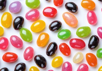 Colorful assortment of jelly beans in various shapes and sizes arranged on a bright background, perfect for candy lovers and dessert themes