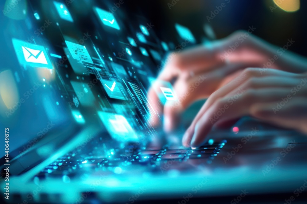 Poster hands typing on a laptop with glowing email and checkmark icons floating above the keyboard area