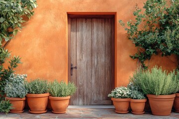 Naklejka premium Exterior view of a terracotta colored home with a wooden door and planters.