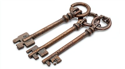 Set of old rusted keys with chain on white background.