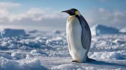 Fototapeta premium Against the stunning icy landscape, a regal Emperor penguin stands tall, showcasing its striking colors and graceful posture while basking in the soft light of day in Antarctica