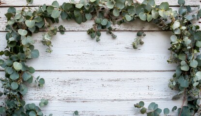 Fresh eucalyptus garland on distressed white wood