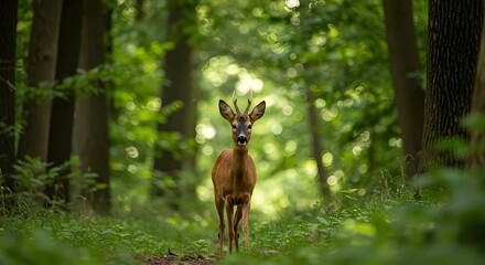 Deer walking in forest with tall trees.